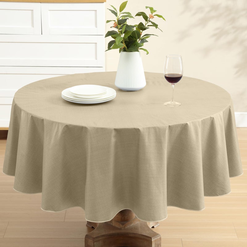 Lintex Cafe Hotel Linen Look Vinyl Flannel Backed Tablecloth, Heavyweight 4 Gauge, 70 Inch Round, Sand Indoor Outdoor Waterproof Wipe Clean Table Cover - Image 1
